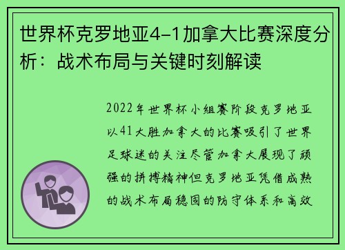 世界杯克罗地亚4-1加拿大比赛深度分析：战术布局与关键时刻解读