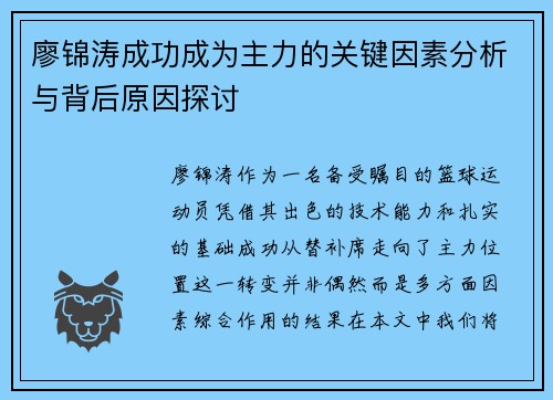 廖锦涛成功成为主力的关键因素分析与背后原因探讨